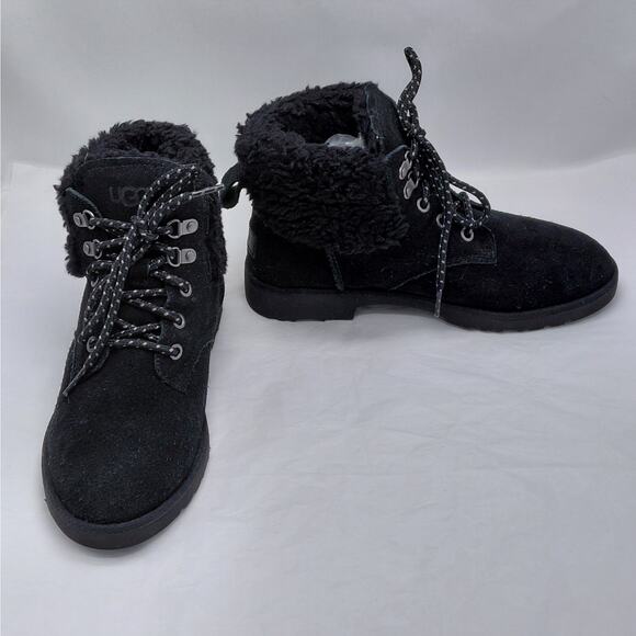 UGG Womens Boots Size 6 Black Suede Shearling Fur Lined Winter Ankle Lace Up New - Picture 2 of 12